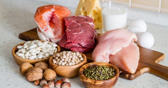 Meat and Vegetarian sources of protein on kitchen worktop