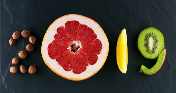 Fruit and veg spelling out 2019 to show new diet for the New Year